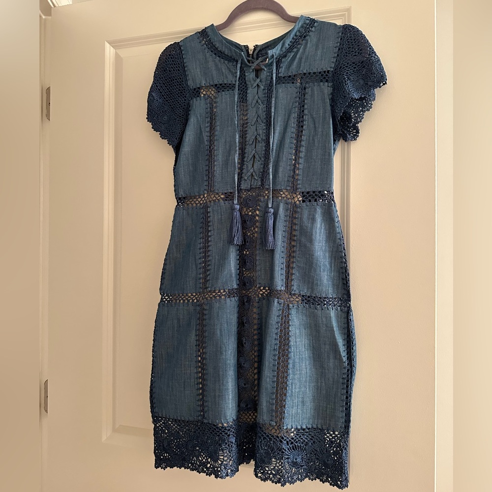 Alice + Olivia Tona Crocheted Chambray Dress